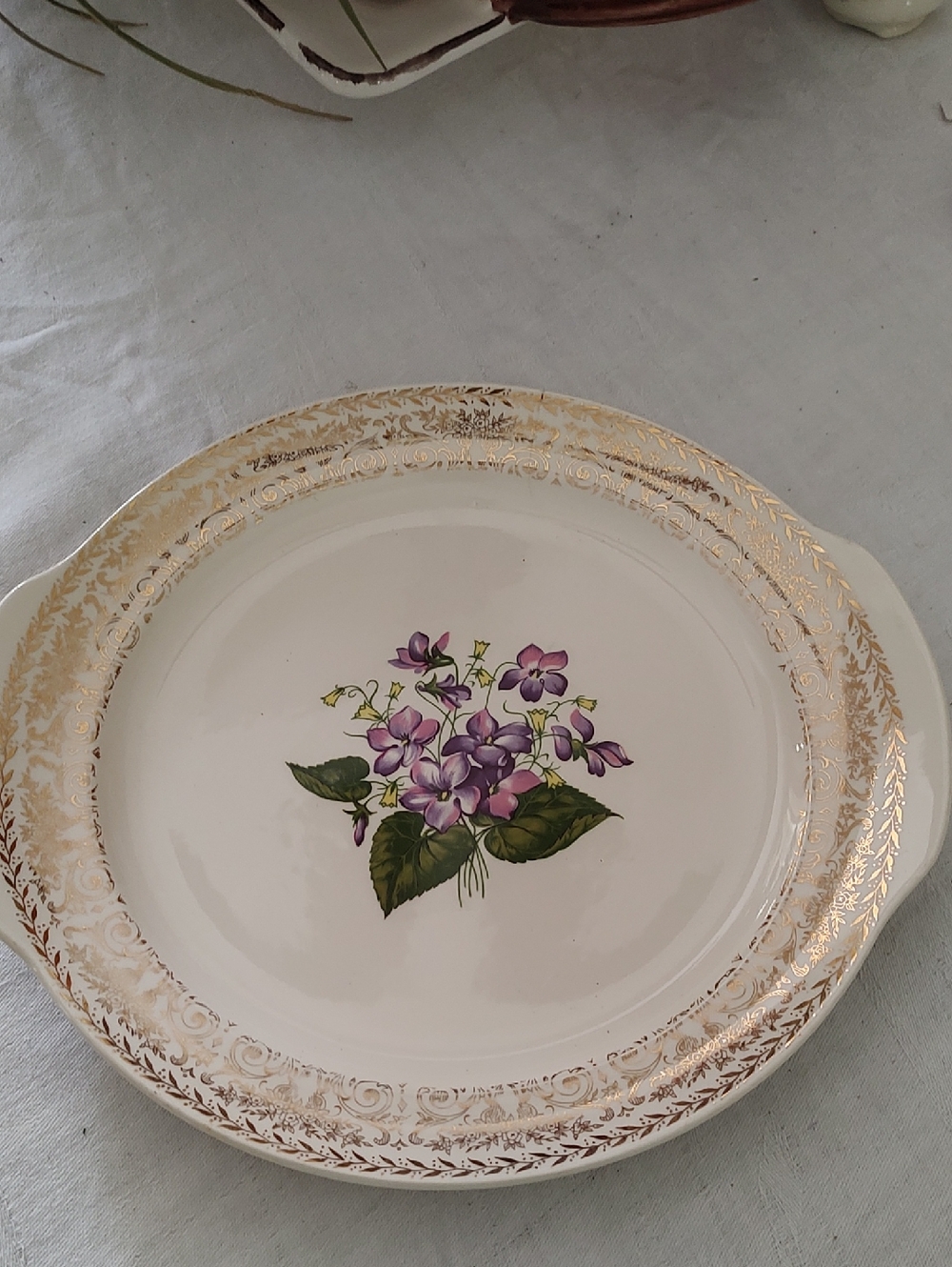 Vtg Cunningham & Pickett Handled Cake Plate Spring Violet 22K Gold Trim 11"x10"